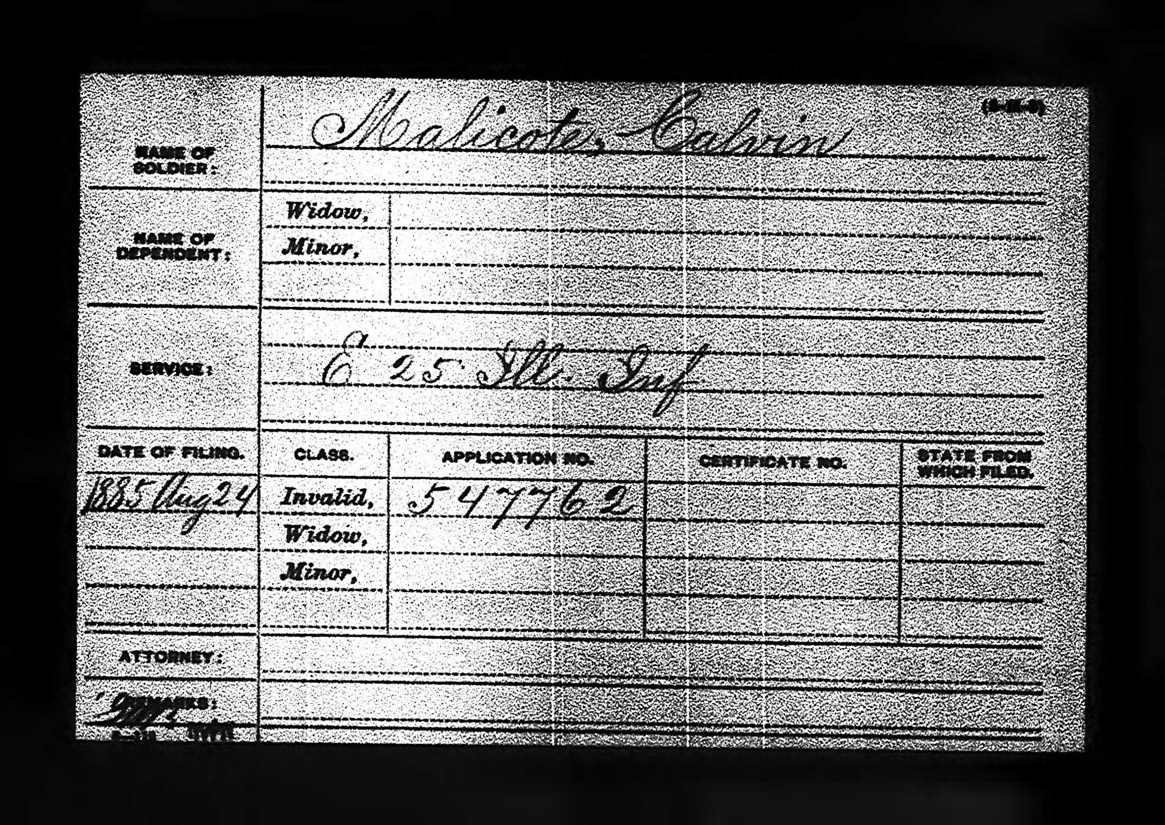 Calvin Malicoat 1885 Service Card